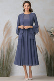 Vestido de madre de la novia de dos piezas en corte A de color azul grisáceo y mangas largas
