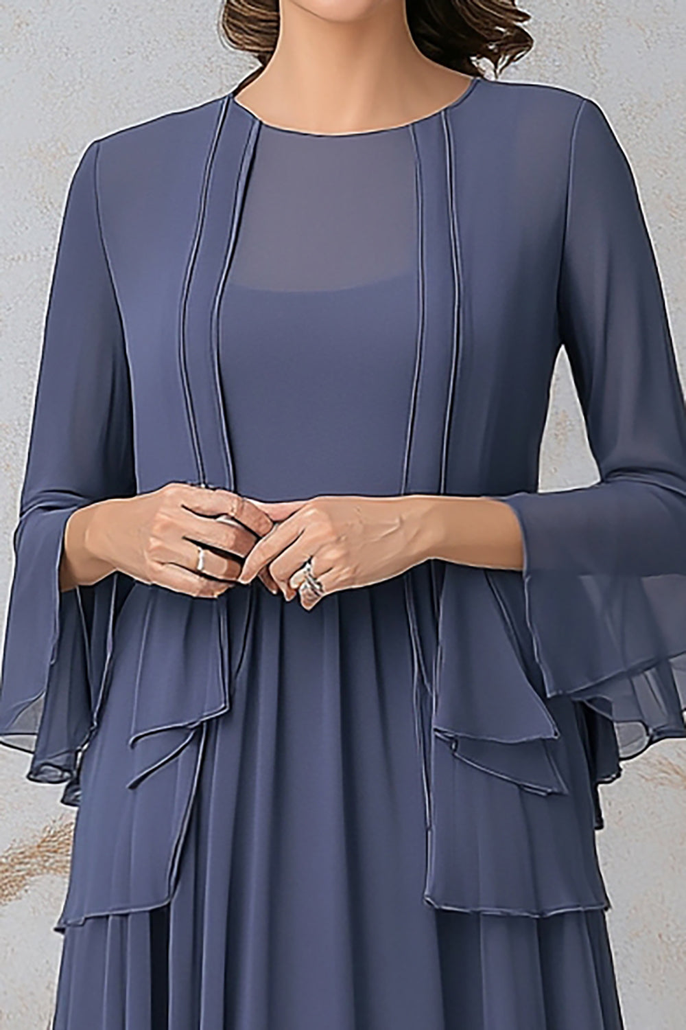 Vestido de madre de la novia de dos piezas en corte A de color azul grisáceo y mangas largas