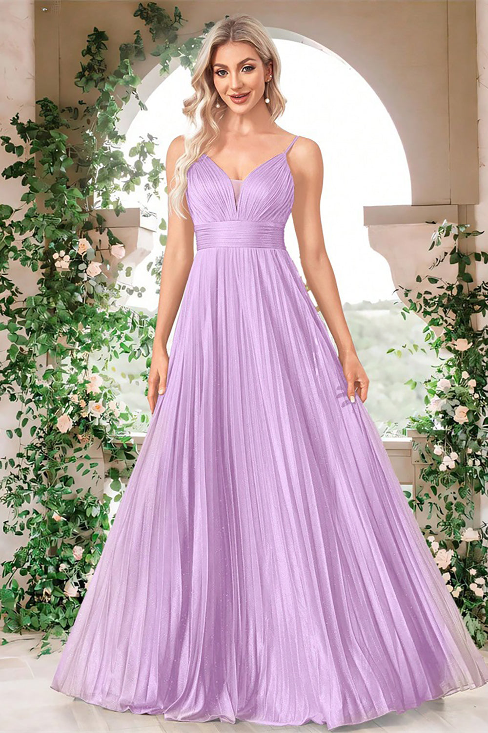 Vestido formal largo plisado con tirantes de espagueti fucsia brillante