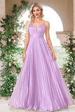 Vestido formal largo plisado con tirantes de espagueti fucsia brillante