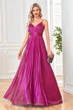 Vestido formal largo plisado con tirantes de espagueti fucsia brillante