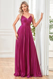 Vestido formal largo plisado con tirantes de espagueti fucsia brillante