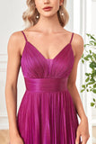Vestido formal largo plisado con tirantes de espagueti fucsia brillante