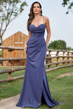 Vestido formal fruncido con corsé de tirantes de espagueti sirena azul marino brillante con abertura