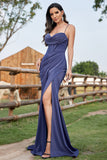 Vestido formal fruncido con corsé de tirantes de espagueti sirena azul marino brillante con abertura