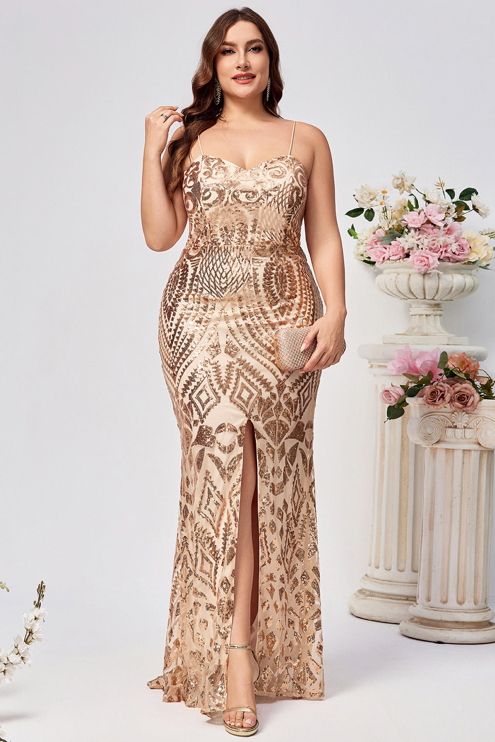 Vestido de fiesta largo bordado de lentejuelas sirena doradas de talla grande brillante con división