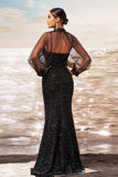 Vestido de fiesta de manga larga de lentejuelas negras sirena brillante