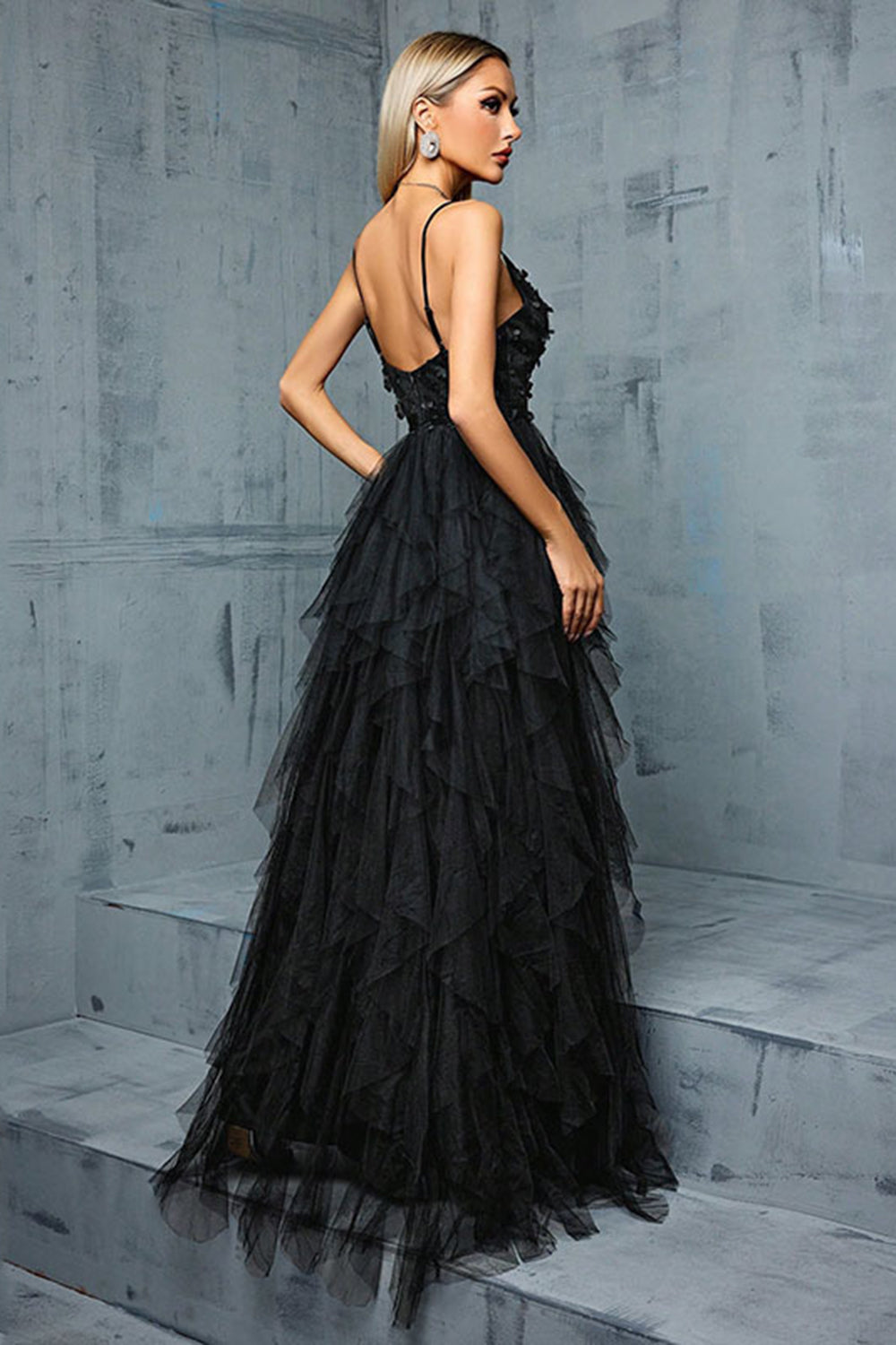 Tirantes finos brillantes Tul azul gris A Line Vestido de fiesta