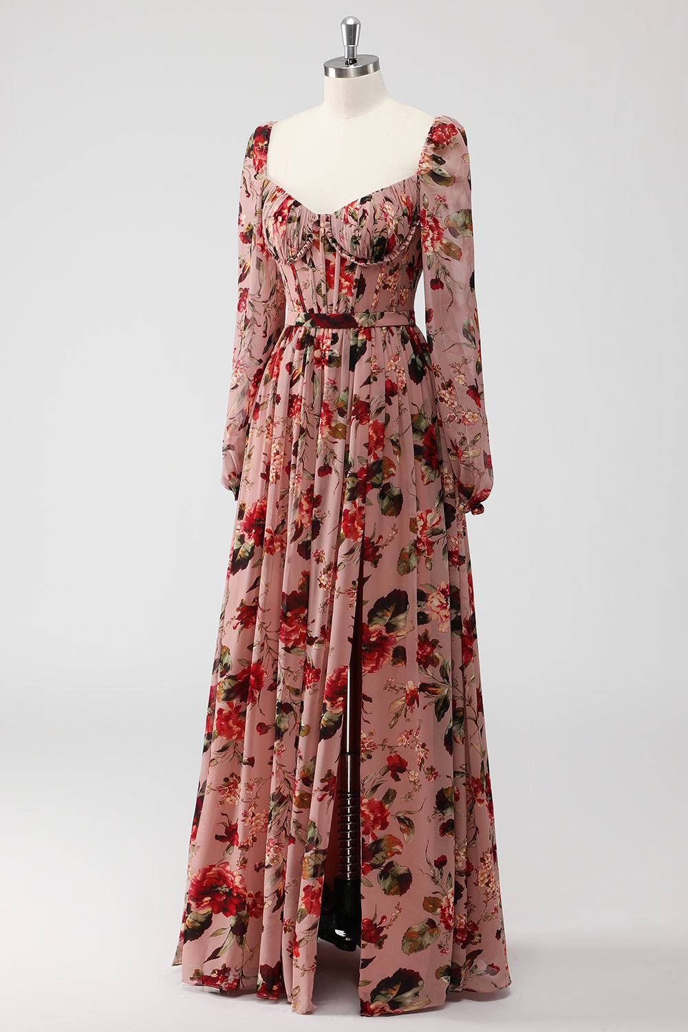 Corsé floral rosa empolvado Una línea de manga larga Vestido de invitada de boda con abertura