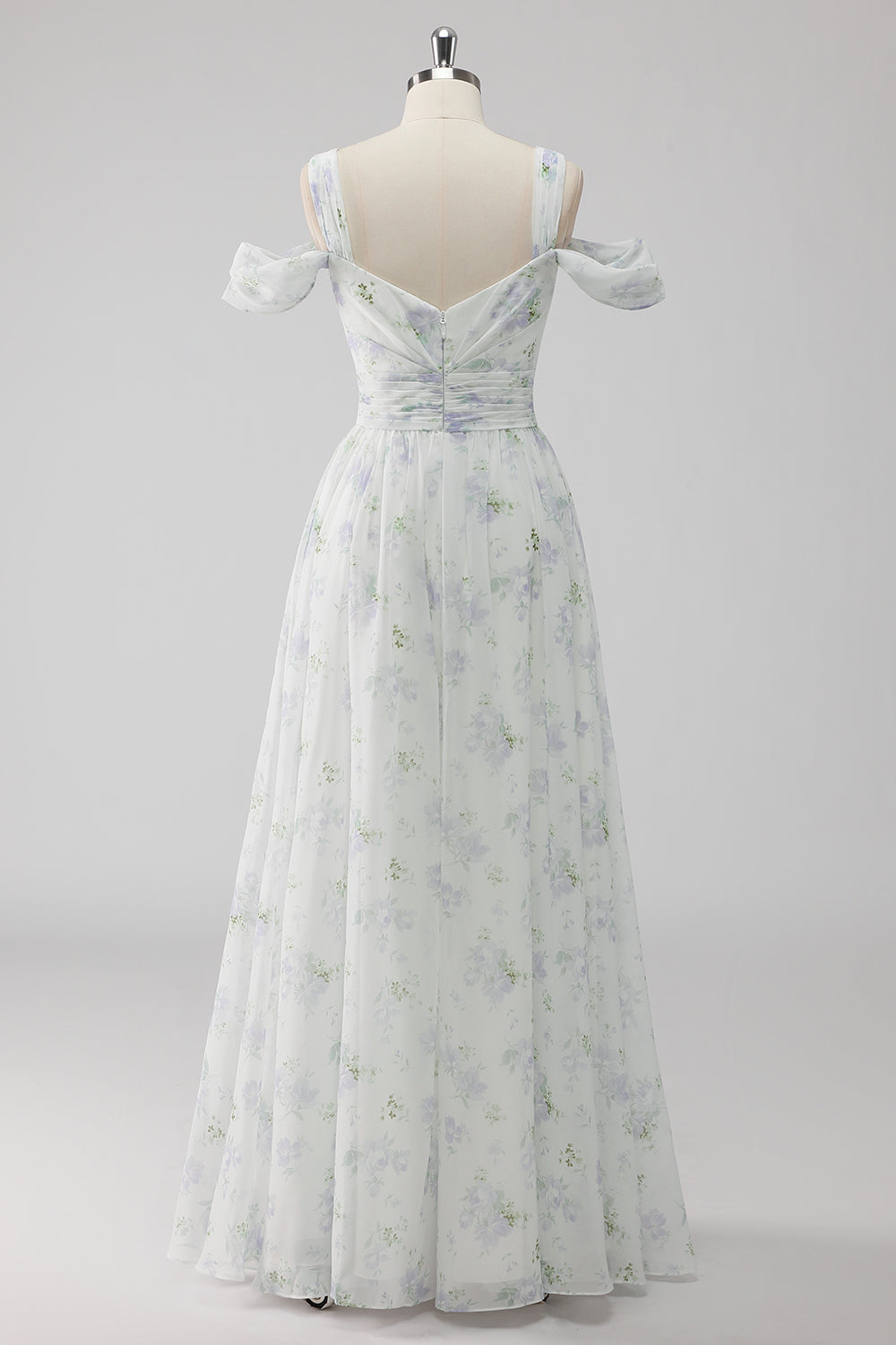 Vestido de invitada de boda de línea A con abertura Floral blanco con hombro frío