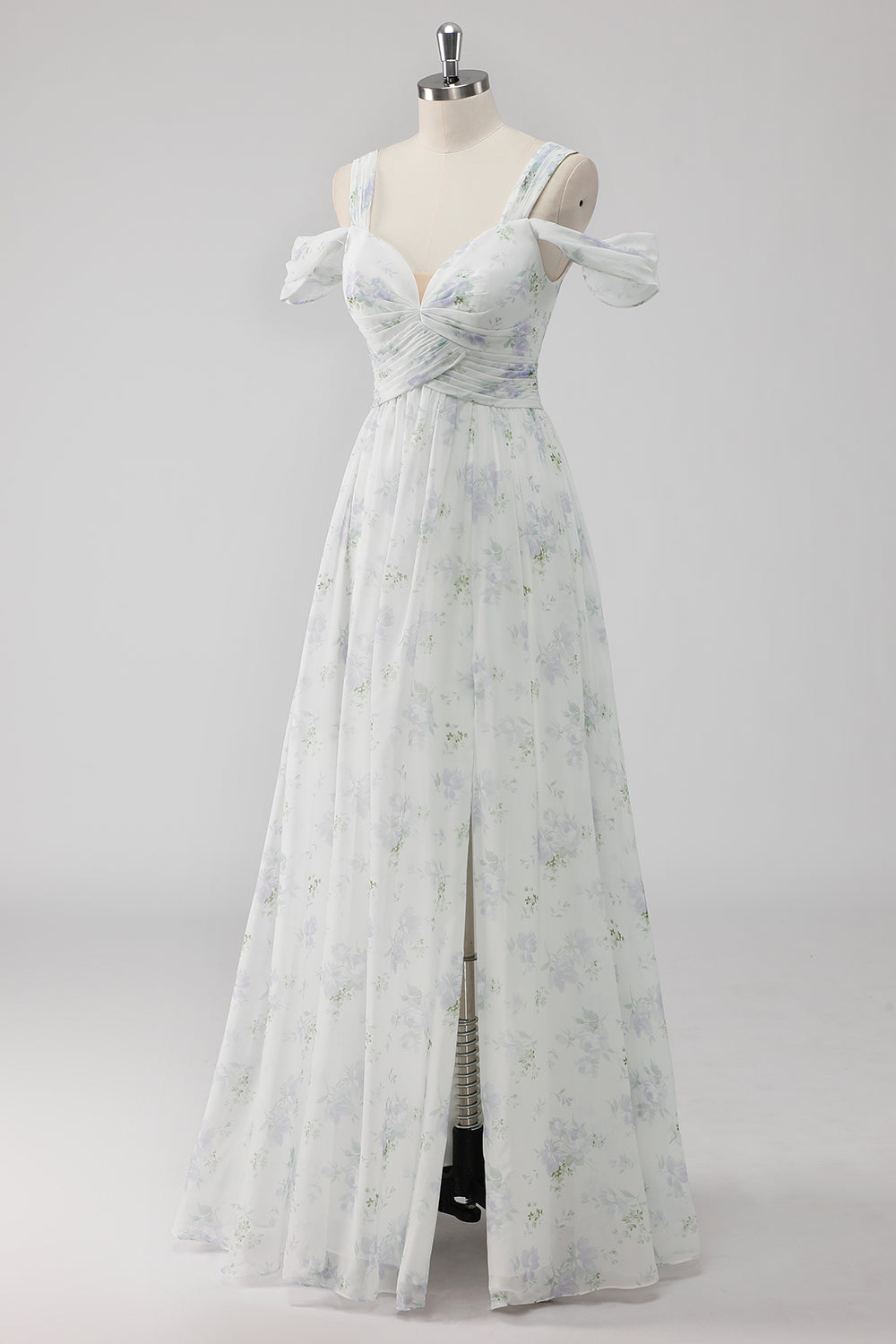 Vestido de invitada de boda de línea A con abertura Floral blanco con hombro frío