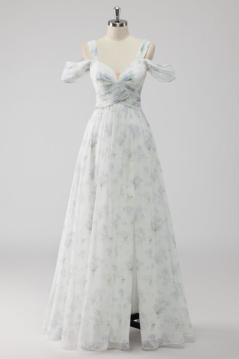 Vestido de invitada de boda de línea A con abertura Floral blanco con hombro frío