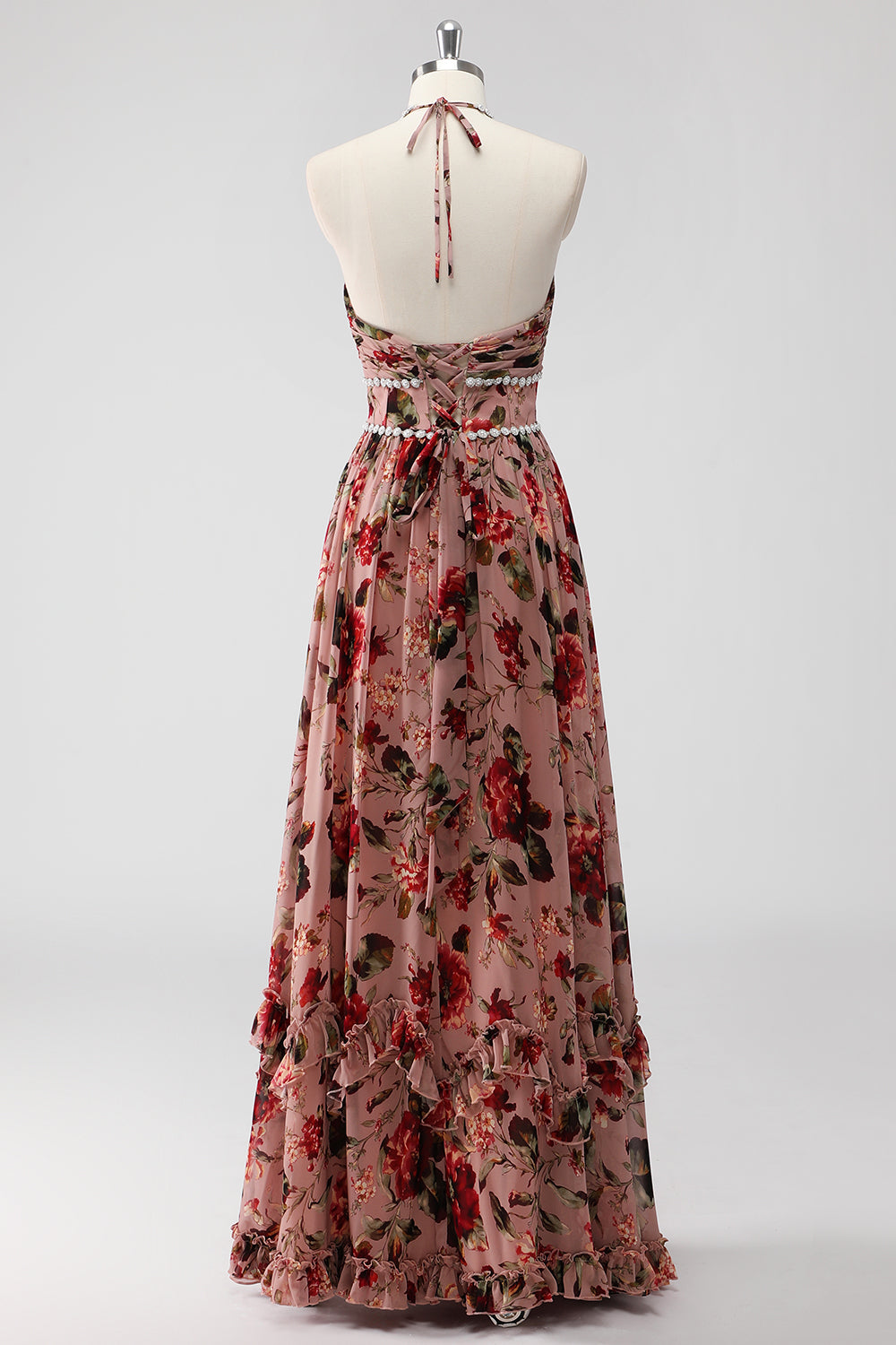 Flores halter de rosa empolvada Un vestido de invitada de boda de línea con abertura