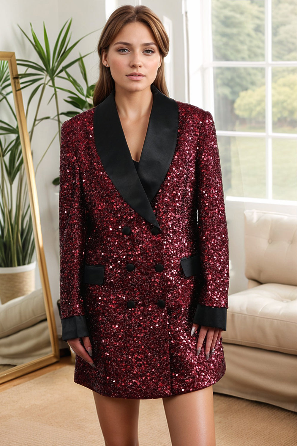 Maxi blazer de lentejuelas bodycon burdeos brillante para mujer