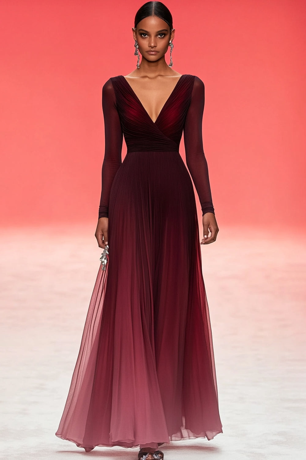 Elegante vestido de gala militar burdeos con escote en V y manga larga