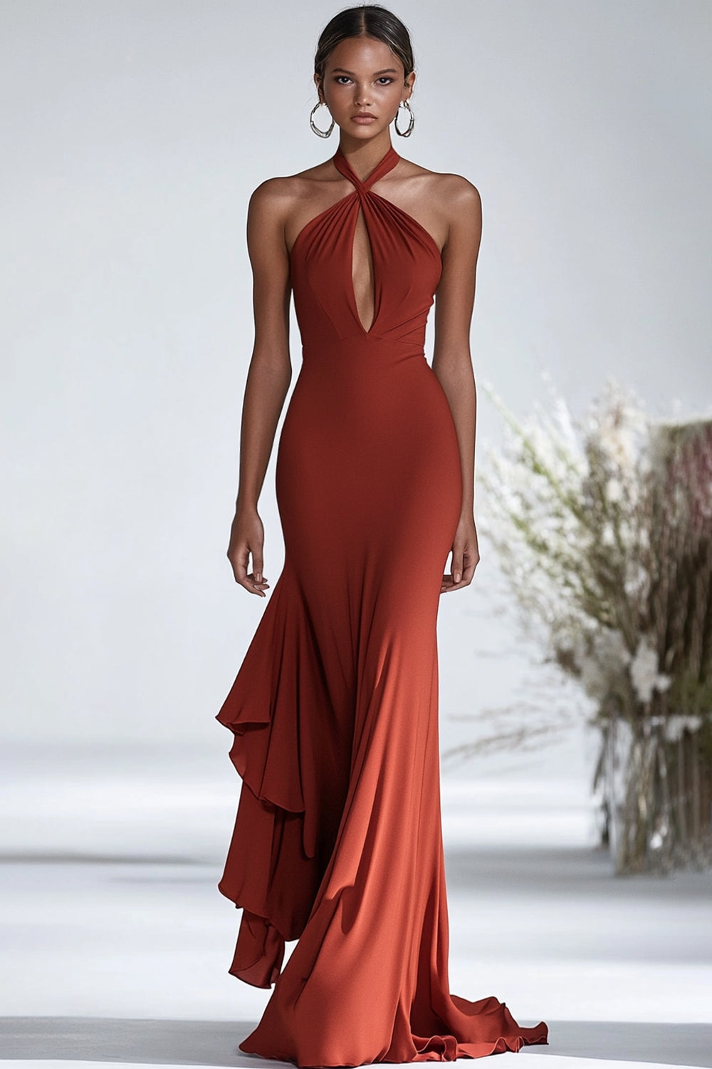 Halter Terracota Gasa Volantes Vaina Vestido Gala Rojo