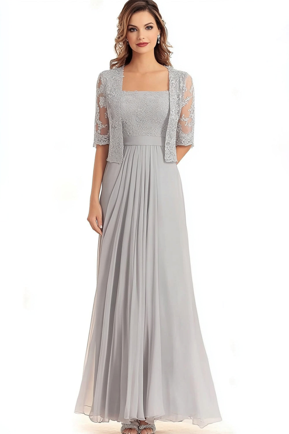 Apliques de encaje Plata Cuello Cuadrado 2 piezas Medias Mangas Vestido Madre de la Novia