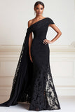 Vestido largo de encaje de un hombro de sirena negra de la madre de la novia con capa de hombro lateral