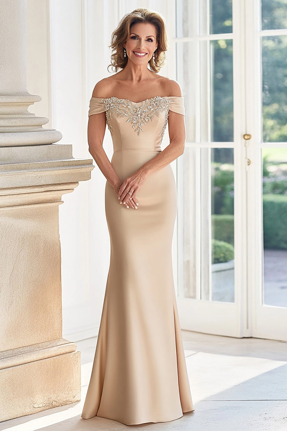 Champagne Off the Shoulder Swine Vestido Madre de la Novia con Apliques