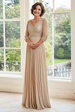 Elegante Champagne A Line Escote En V Vestido plisado Madre De La Novia