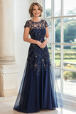 Una línea azul marino cuello redondo mangas casquillo encaje madre de la novia vestido