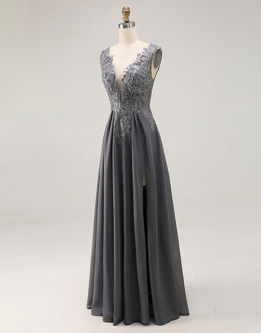 Carboncillo A Line Apliques de encaje con escote en V Vestido de la madre de la novia