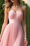 Elegante vestido de dama de honor de gasa plisada de gasa plisada rosa una línea