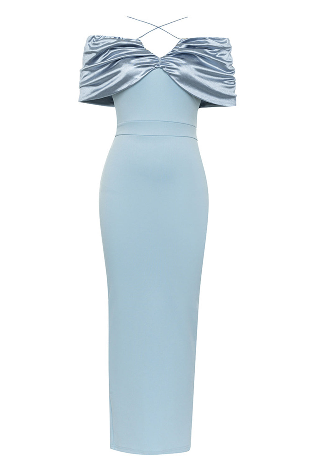 Vestido de dama de honor largo de satén fruncido azul claro sirena