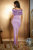 Vestido de dama de honor largo de satén fruncido azul claro sirena