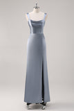 Vestido de dama de honor de satén azul grisáceo con abertura