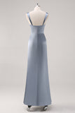Vestido de dama de honor de satén azul grisáceo con abertura