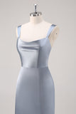 Vestido de dama de honor de satén azul grisáceo con abertura