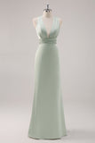 Vestido de dama de honor largo sin espalda con escote en V profundo de satén verde salvia