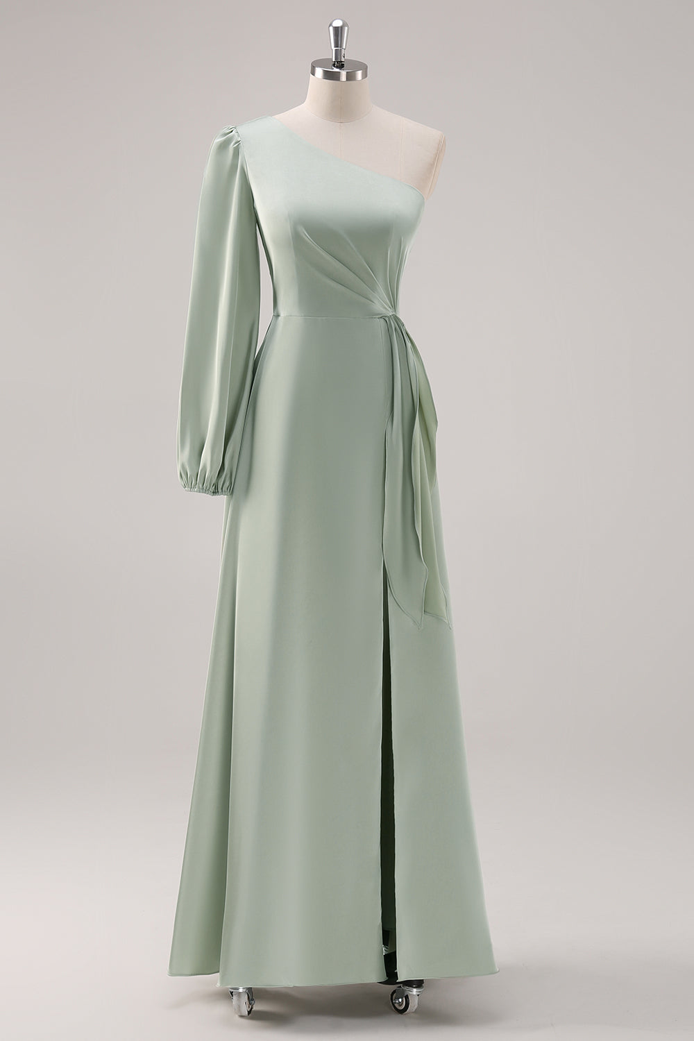 Vestido de dama de honor de un hombro de un solo hombro Sage Green A Line con abertura