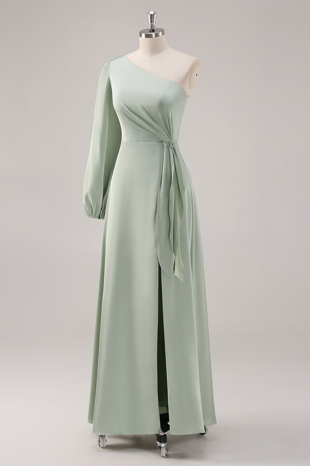 Vestido de dama de honor de un hombro de un solo hombro Sage Green A Line con abertura