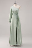 Vestido de dama de honor de un hombro de un solo hombro Sage Green A Line con abertura