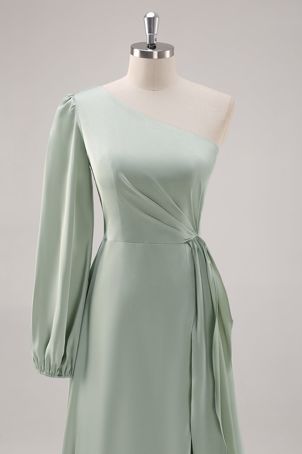 Vestido de dama de honor de un hombro de un solo hombro Sage Green A Line con abertura