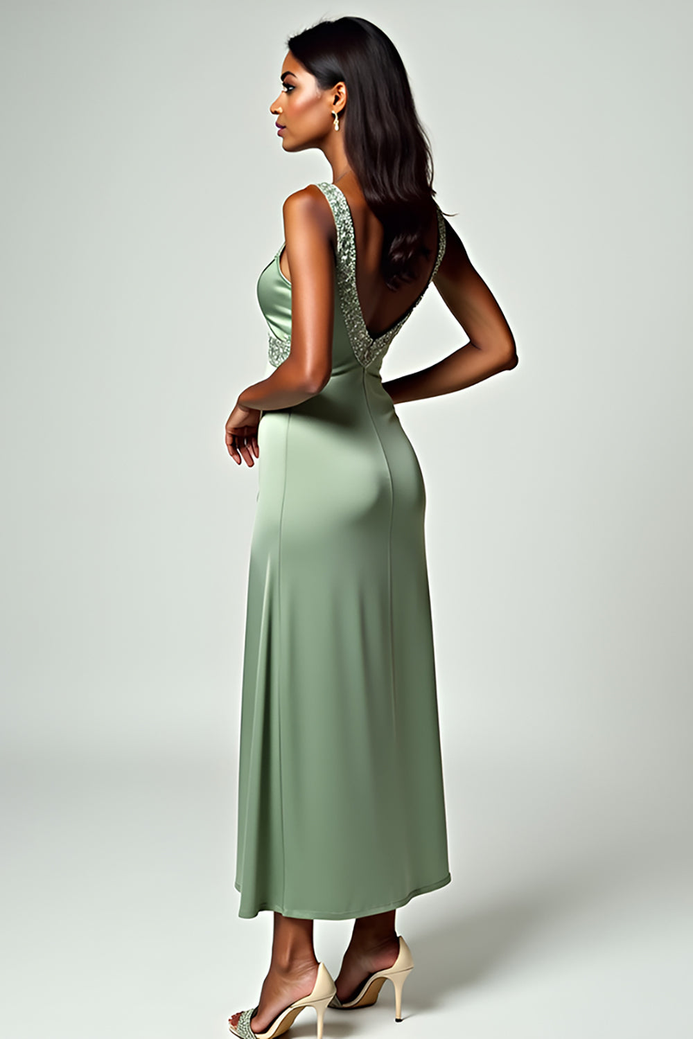 Vaina Polvoriento Salvia Tirantes Espagueti Vestido Largo de Dama de Honor