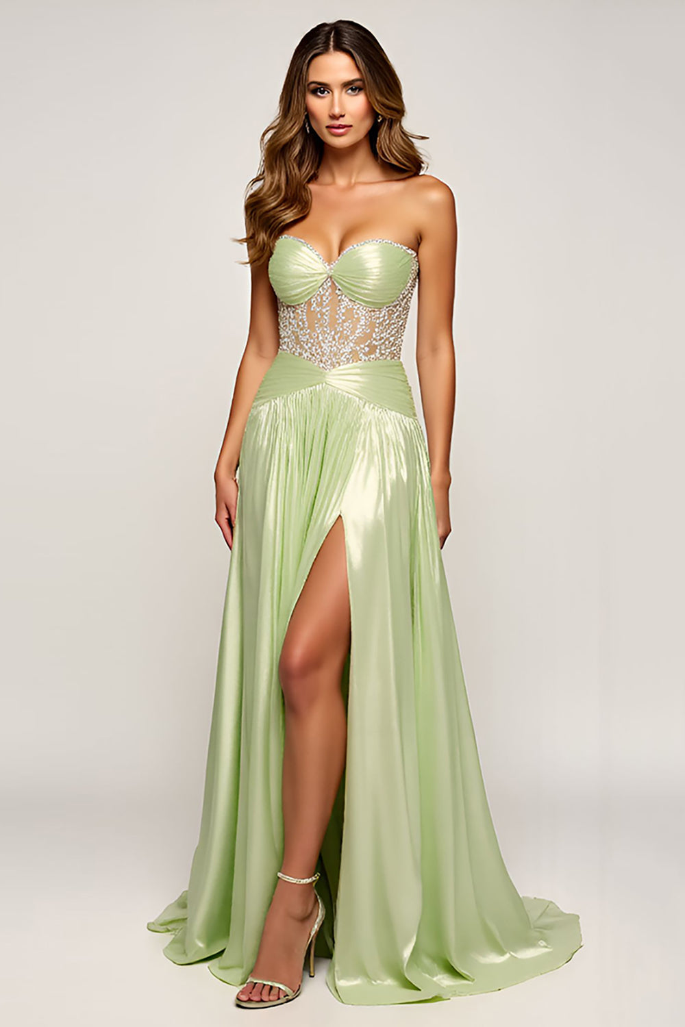 Vestido de fiesta largo de lentejuelas de lentejuelas de salvia brillante con abertura