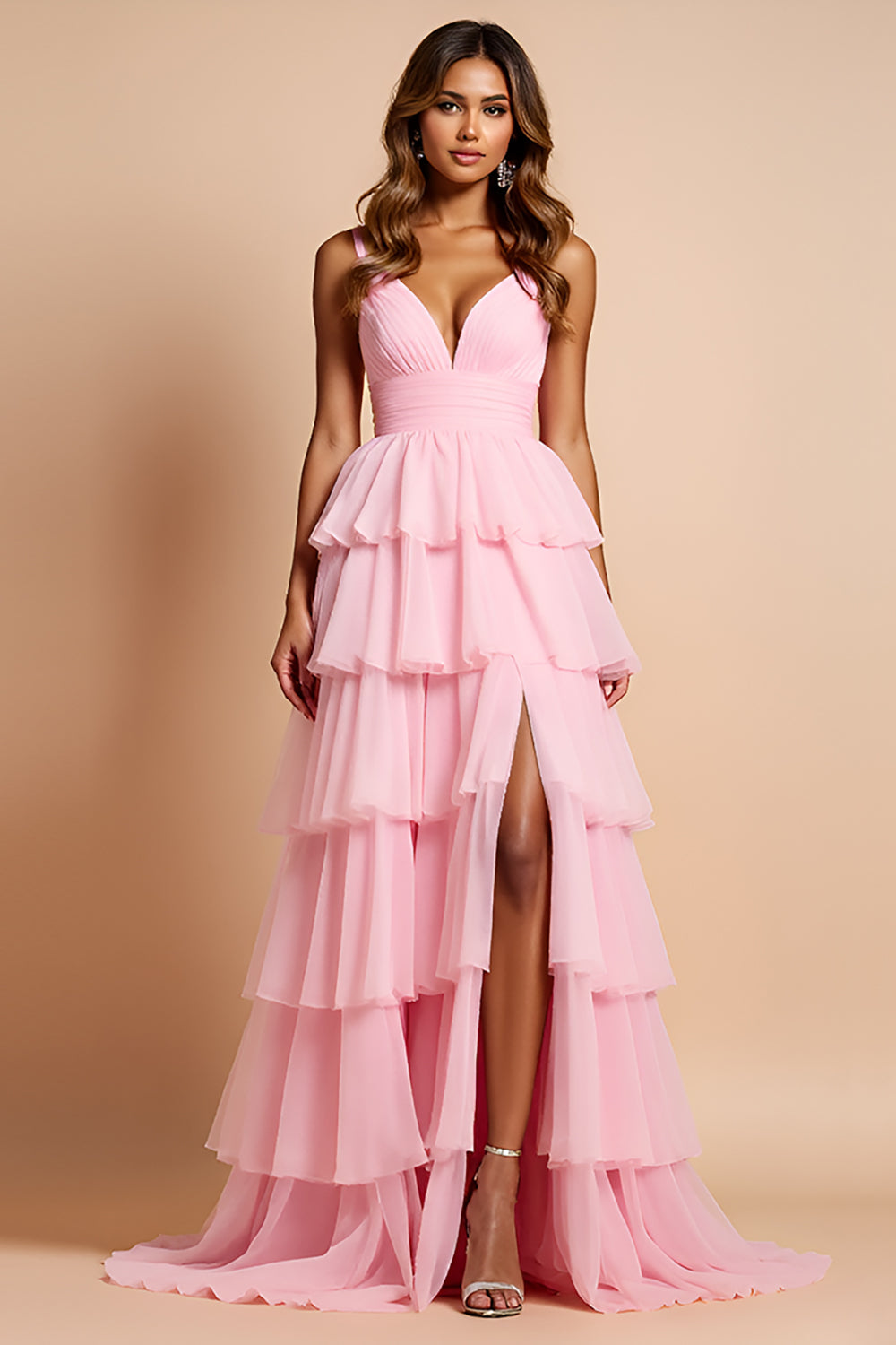 Vestido de fiesta largo con tirantes de espagueti rosa rubor con volantes