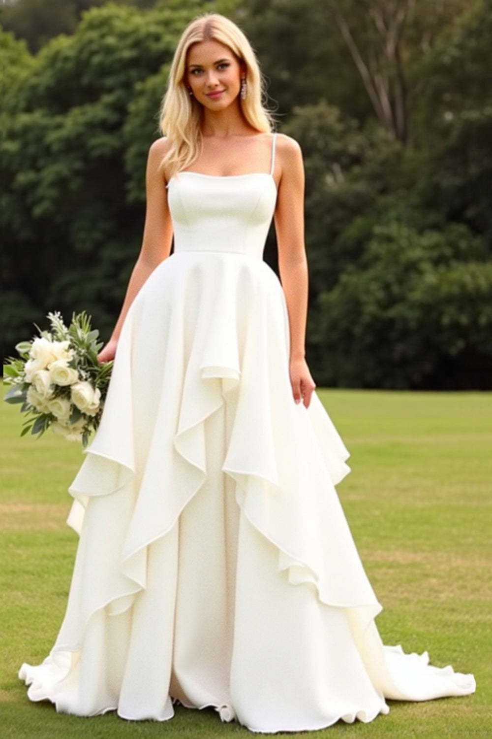 Vestido de novia de gasa A Line Ruffle Ivory con encaje