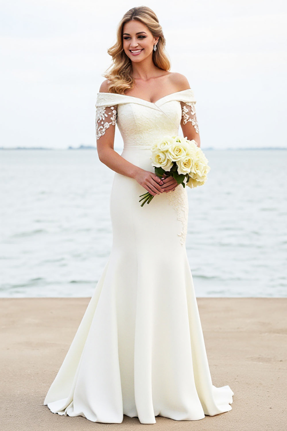 Vestido de novia largo de satén con encaje de sirena blanca con hombros descubiertos