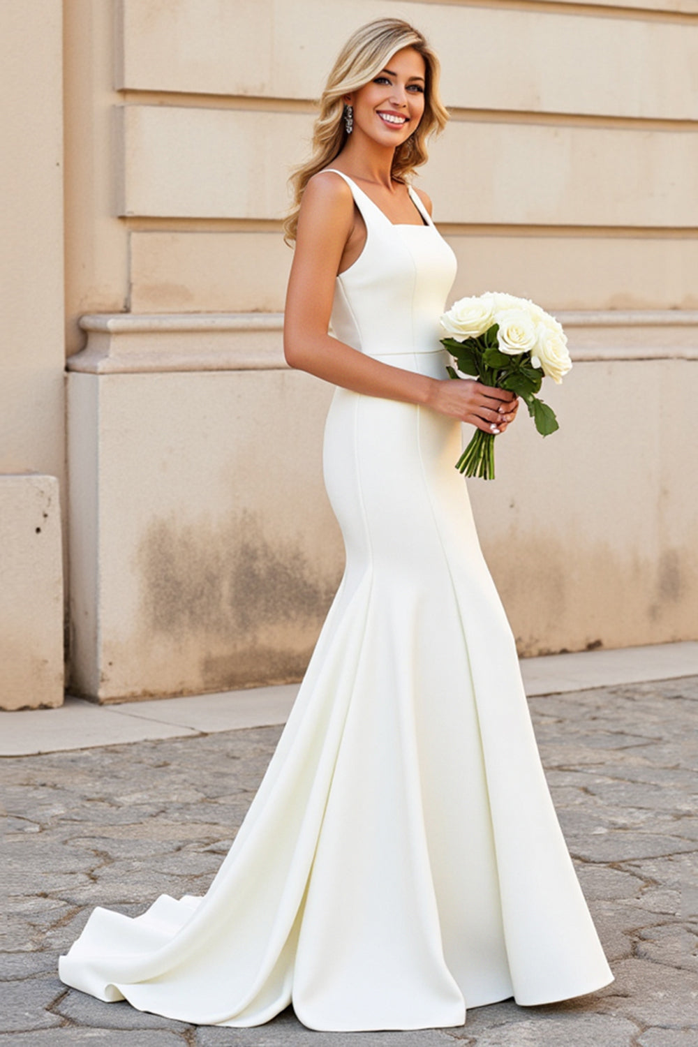 Vestido de novia largo de satén con cuello cuadrado sirena blanco