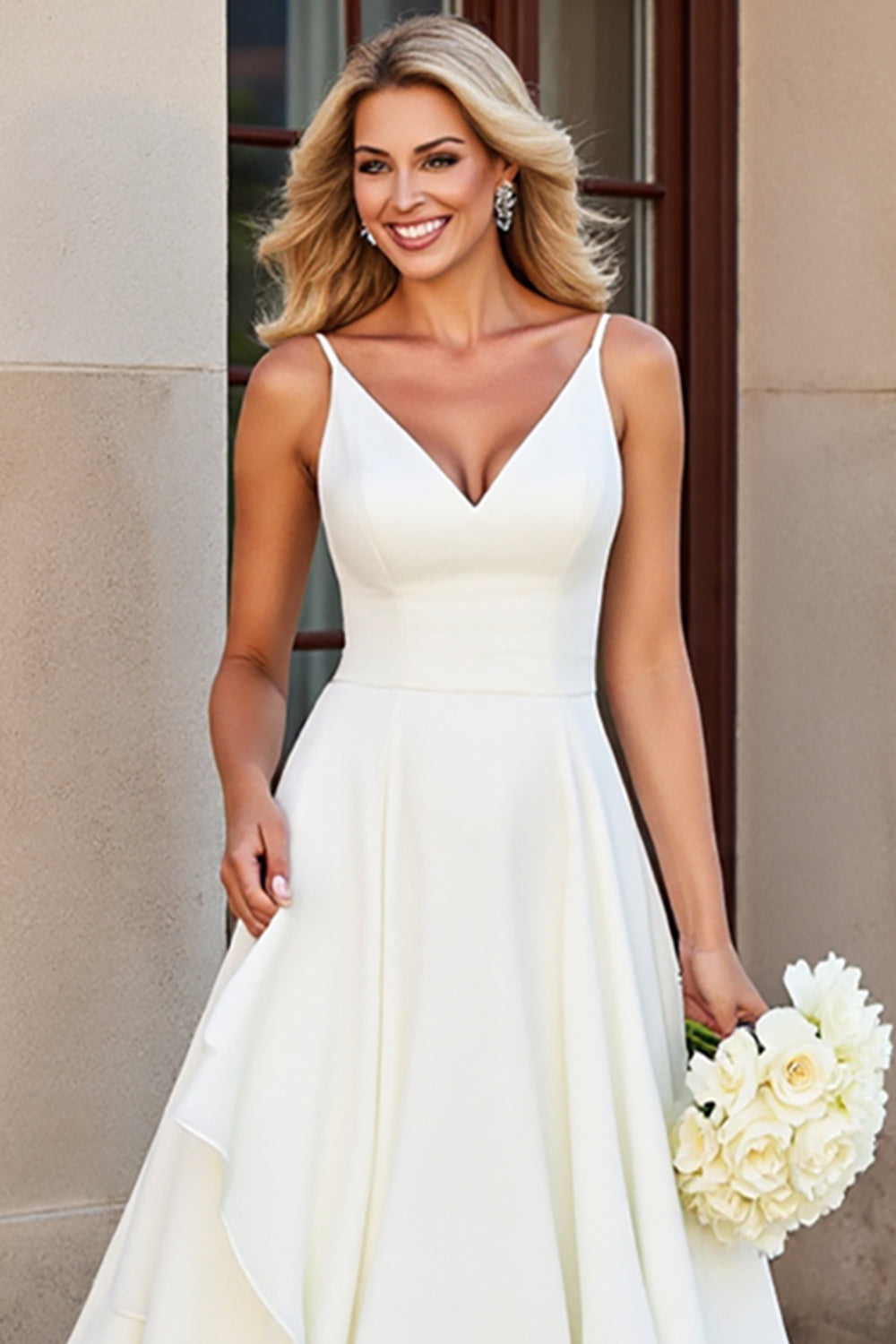 Vestido de novia largo con volantes con tirantes finos de línea A blanco