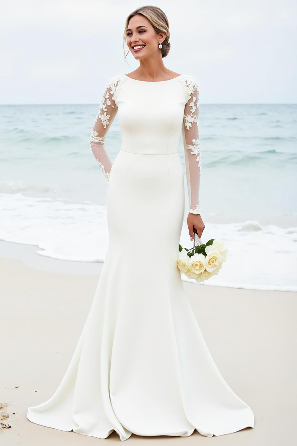 Vestido de novia de raso satinado de manga larga sirena blanco con encaje