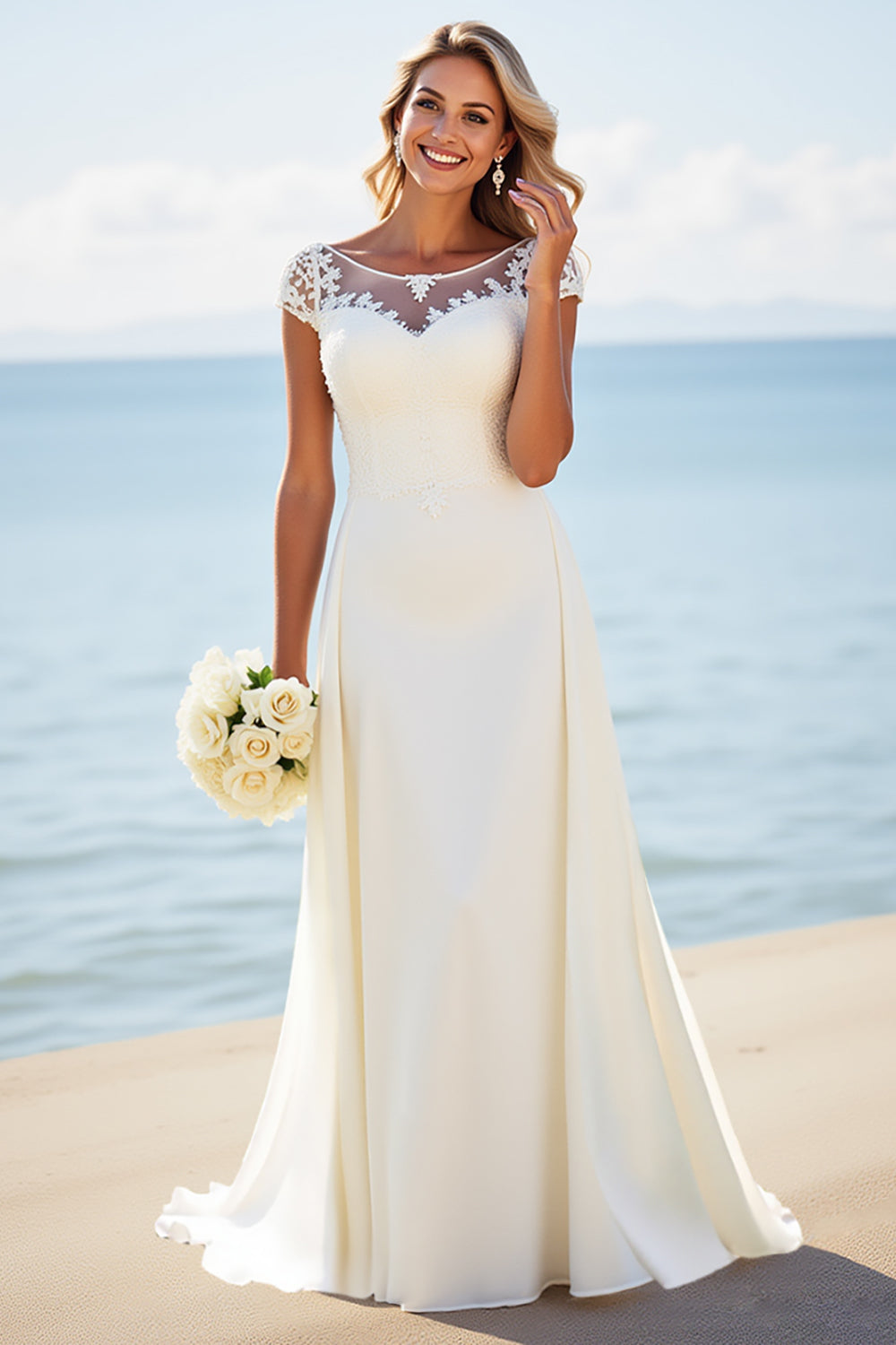 Vestido de novia largo de satén con cordones blancos