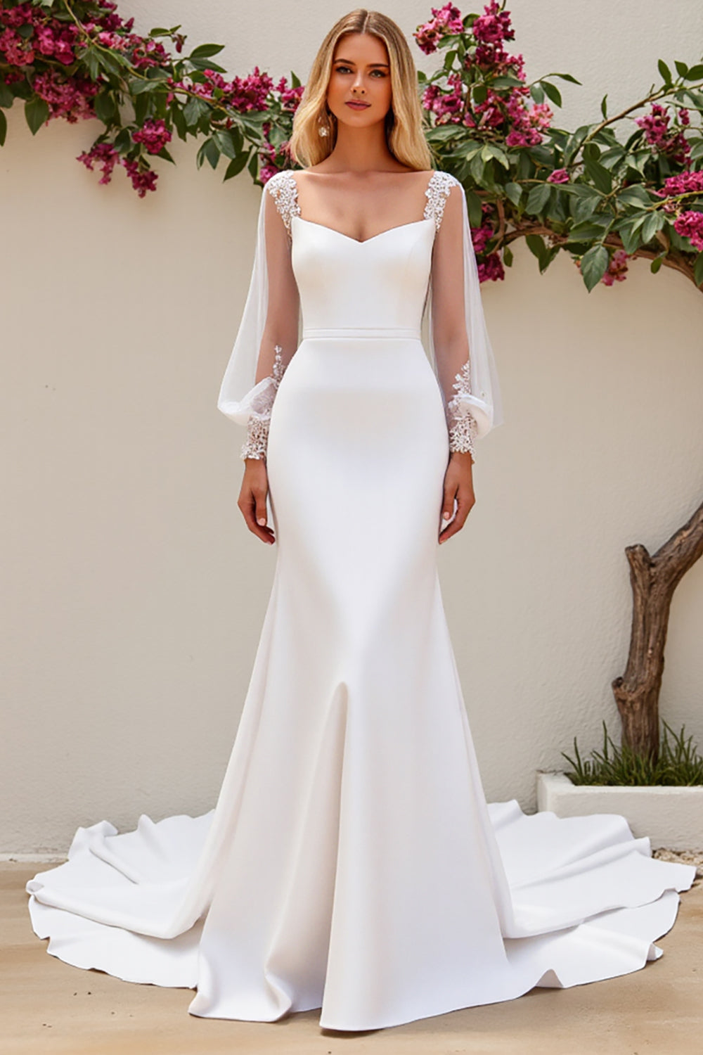 Vestido de novia de raso de raso con escote en V sirena marfil con escote