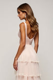 Vestido de fiesta de tul escalonado con cuello en V Candy Pink A Line