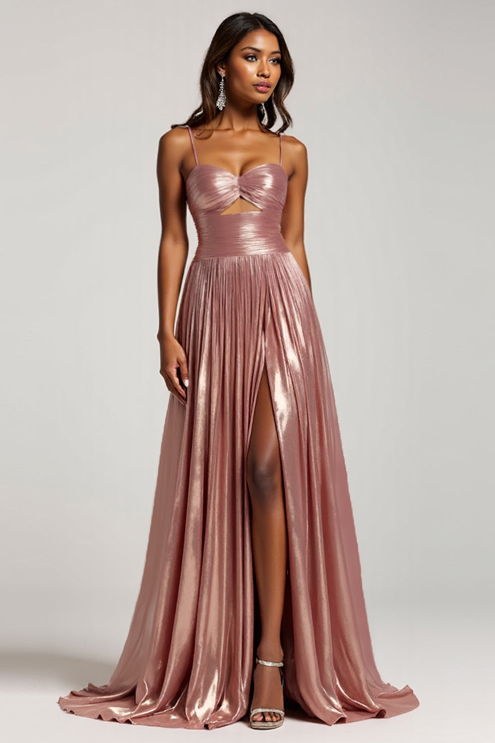 Glitter Dusty Rose A Line Cut Out Spaghetti Straps Vestido de Fiesta