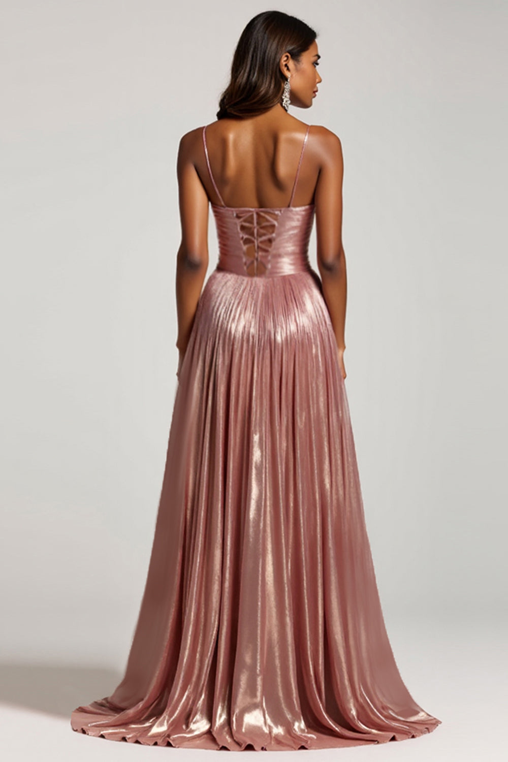 Glitter Dusty Rose A Line Cut Out Spaghetti Straps Vestido de Fiesta